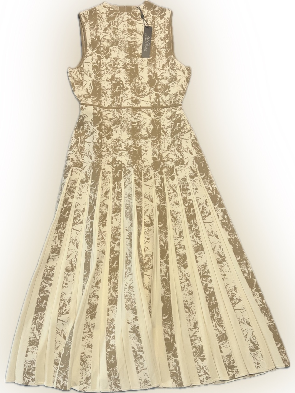 New Lela Rose Cream Beige Floral Pleated Maxi Dress Size Medium